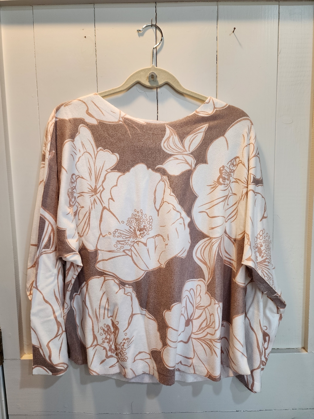 Sioni Cream and Brown Floral Boatneck Pullover XL NWOT